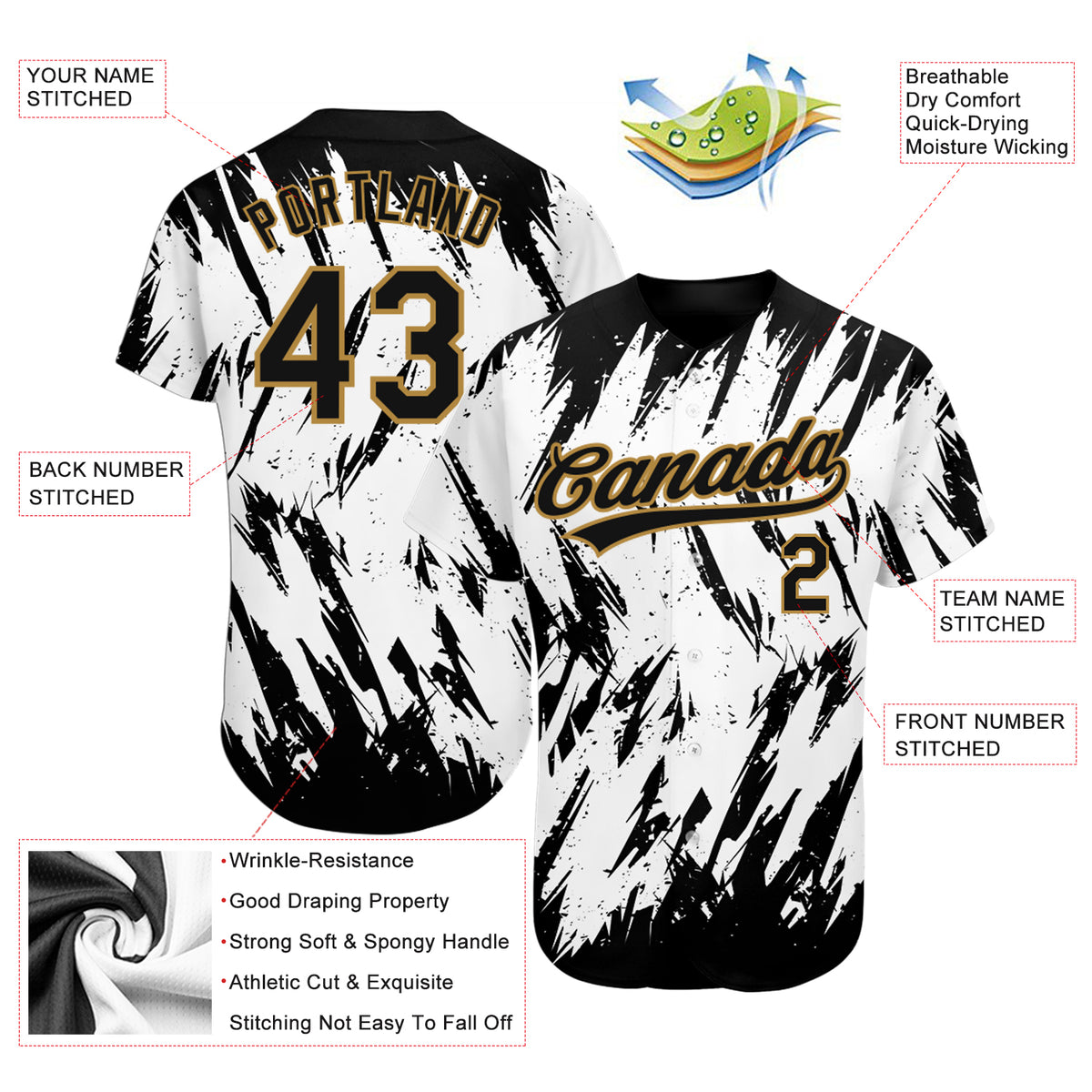 Custom Gold Black-White 3D Pattern Design Authentic Baseball Jersey Discount