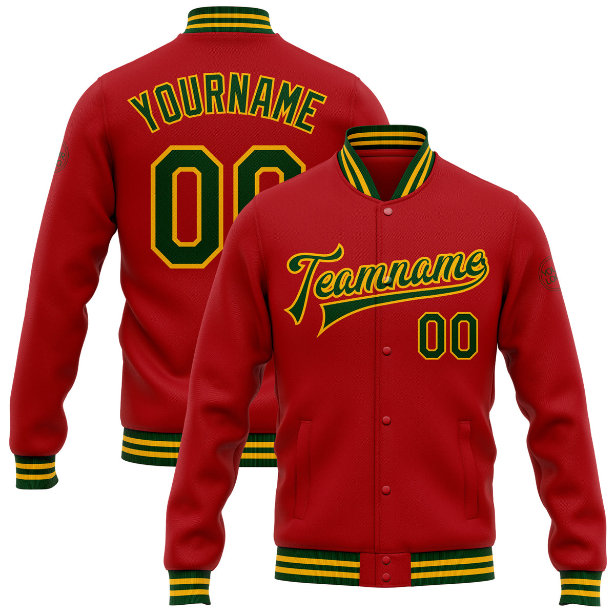 Custom Red Varsity Letterman Jacket Green-Gold Bomber Full-Snap