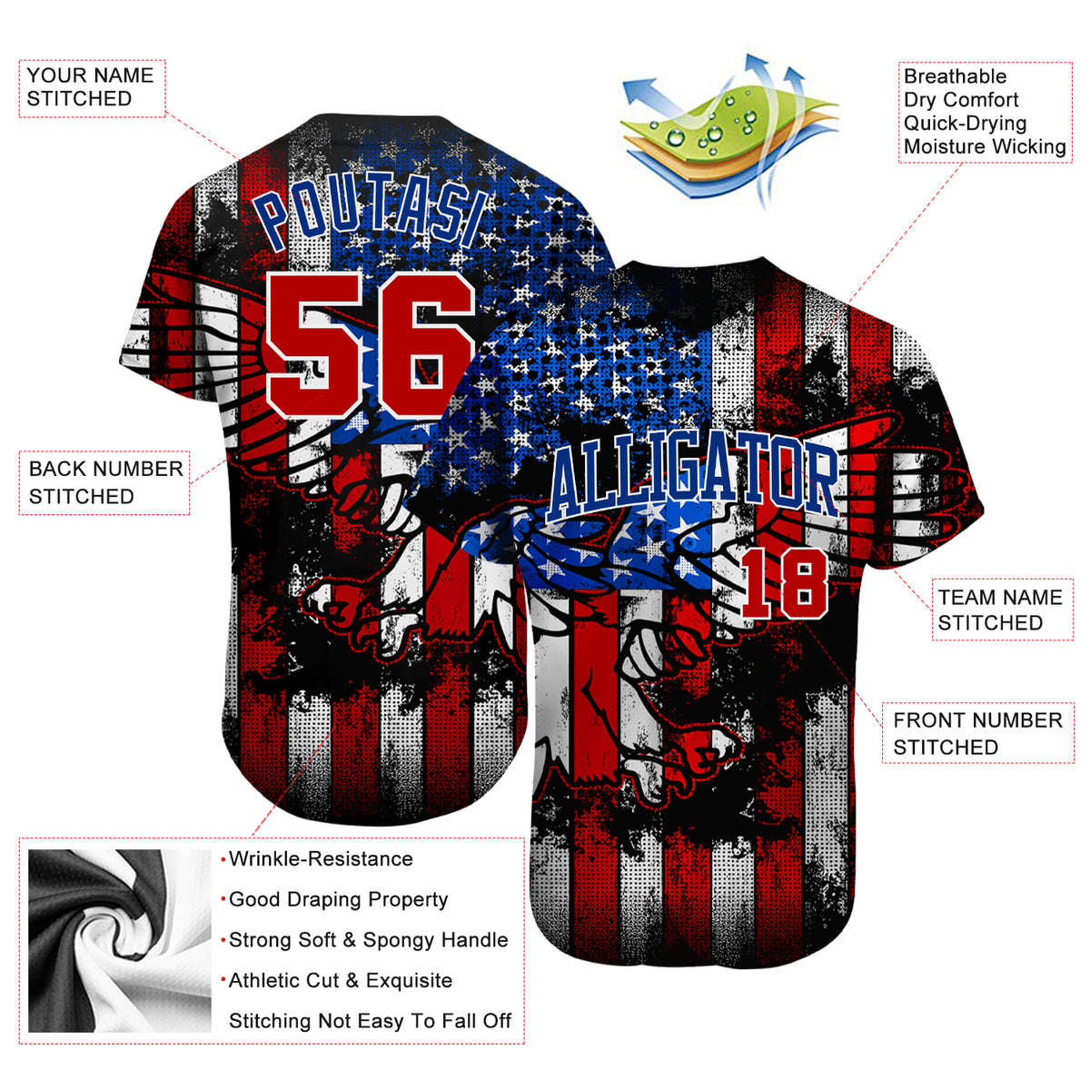 Creat Baseball Authentic White Black Strip Red American Flag