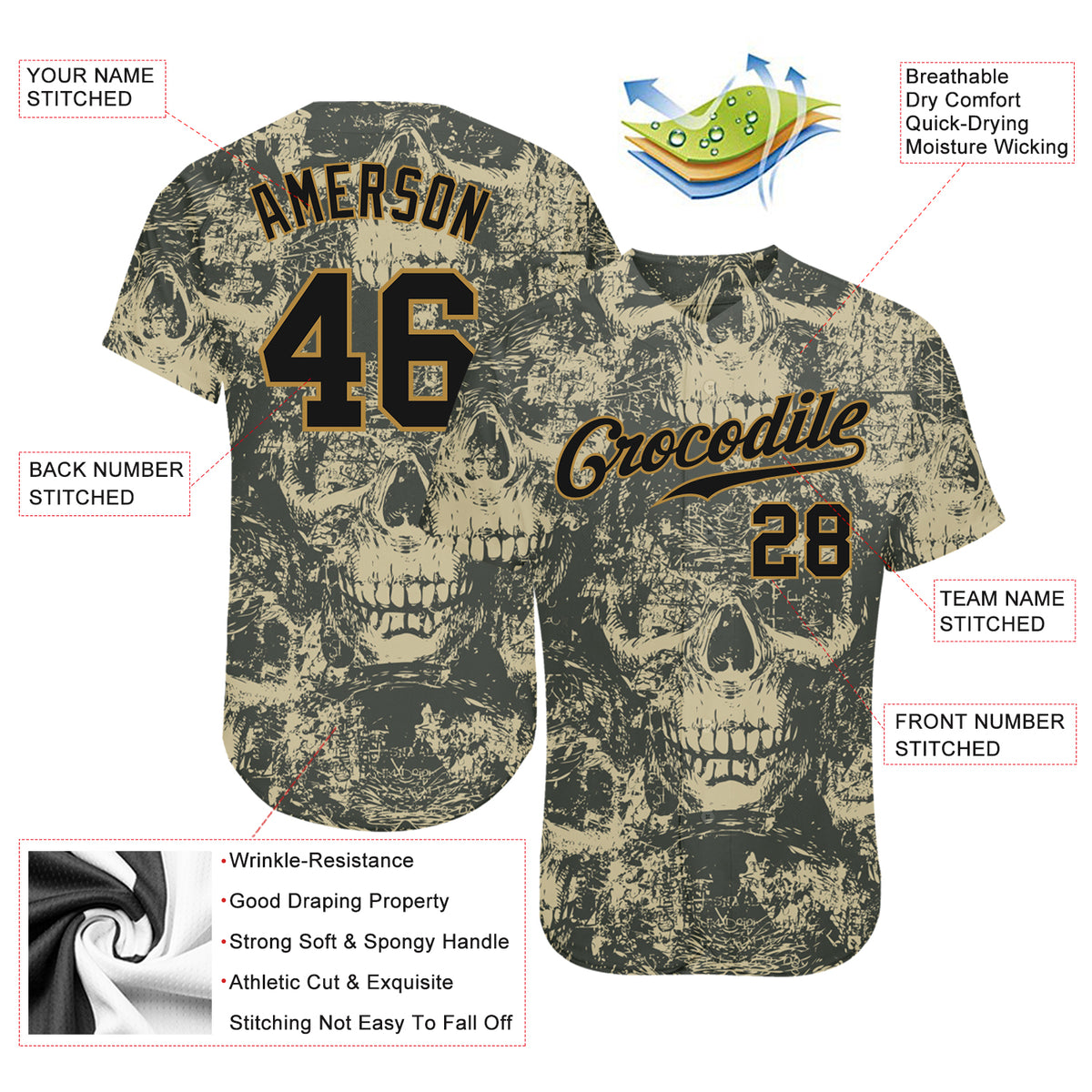 Cheap Custom 3D Pattern Halloween Skulls Authentic Baseball Jersey Free  Shipping – CustomJerseysPro