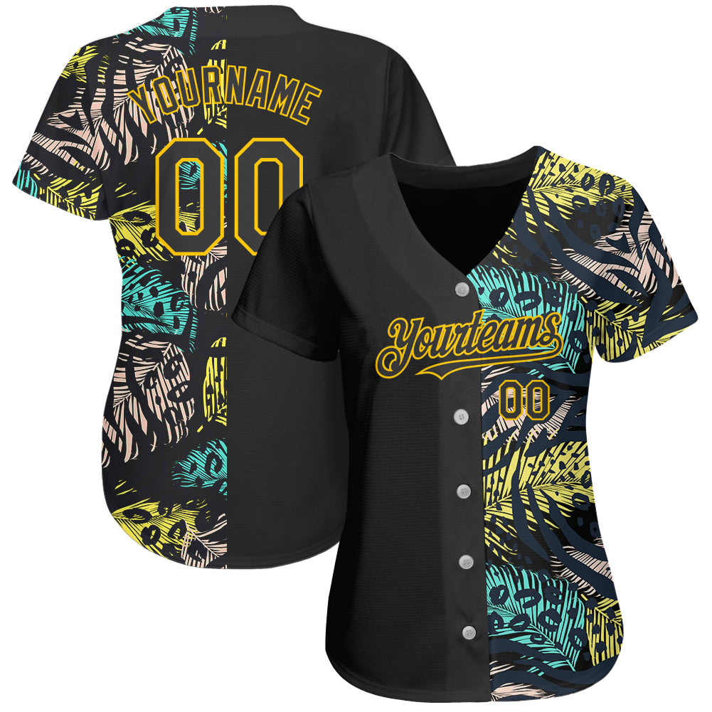 Custom Black Black-Pink 3D Pattern Design Tropical Palm Leaves Authentic Baseball Jersey Youth Size:M