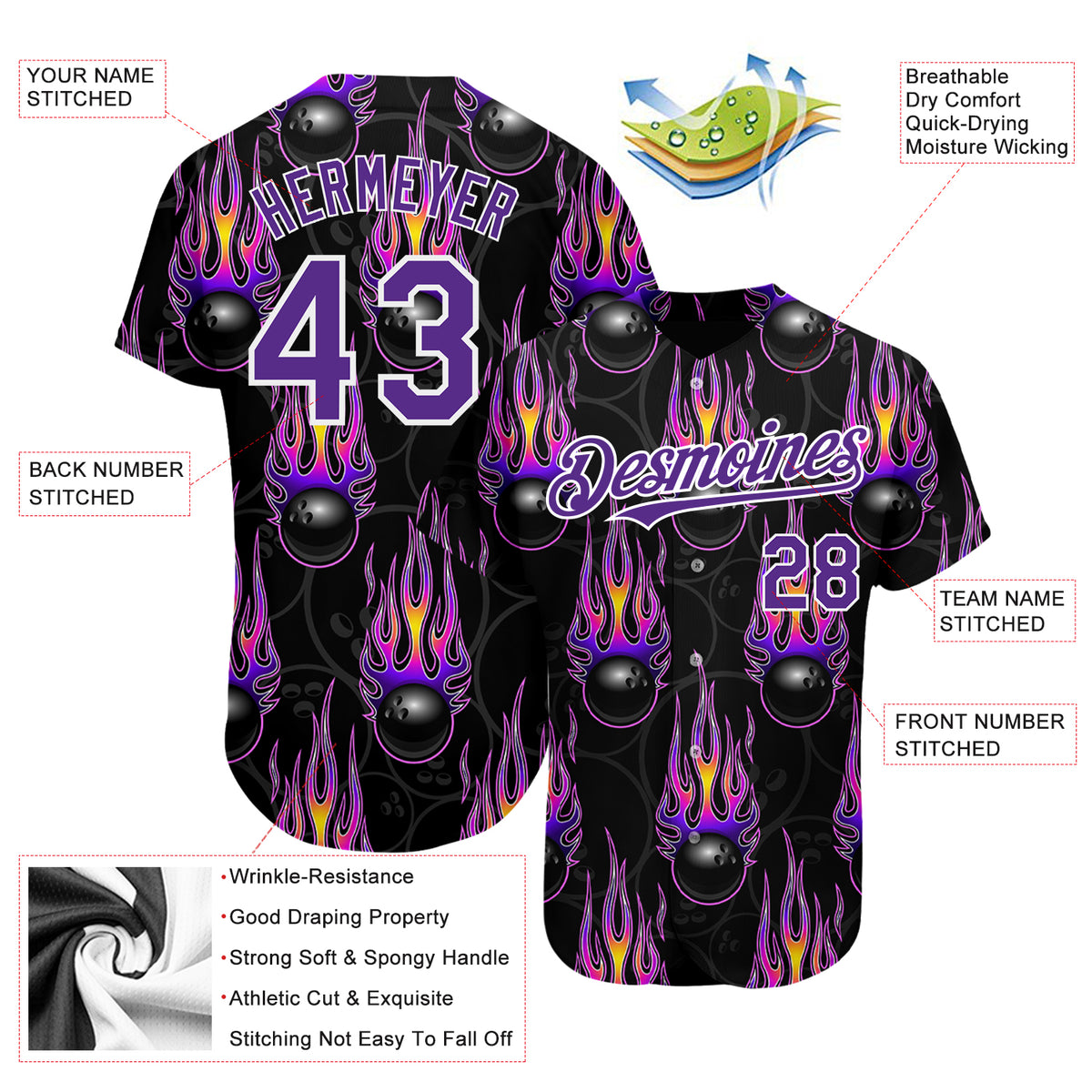 Custom Baseball Jersey White Purple-Gray 3D Pattern Design Bowling Ball Authentic Women's Size:S