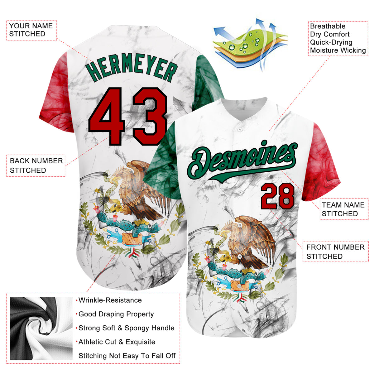 Cheap Custom White Red Kelly Green-Black 3D The Abstract Wing With Mexican  Flag Authentic Baseball Jersey Free Shipping – CustomJerseysPro