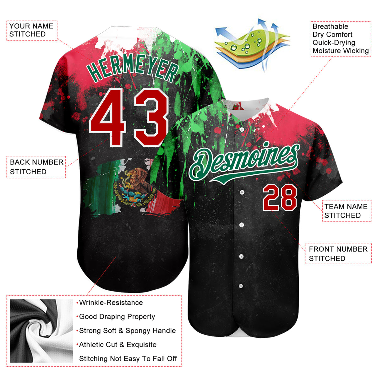 Cheap Custom Kelly Green Red-White 3D Mexican Flag Watercolored Splashes  Grunge Design Authentic Baseball Jersey Free Shipping – CustomJerseysPro