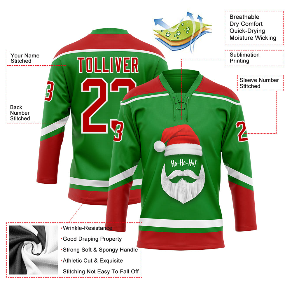 Custom Grass Green Red White Christmas Santa Claus 3D Hockey Lace Neck Jersey