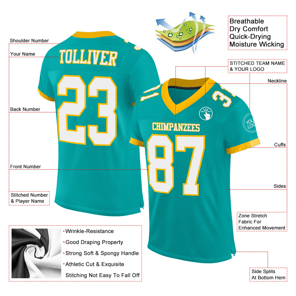 Cheap Custom Aqua White-Gold Mesh Authentic Football Jersey Free Shipping –  CustomJerseysPro