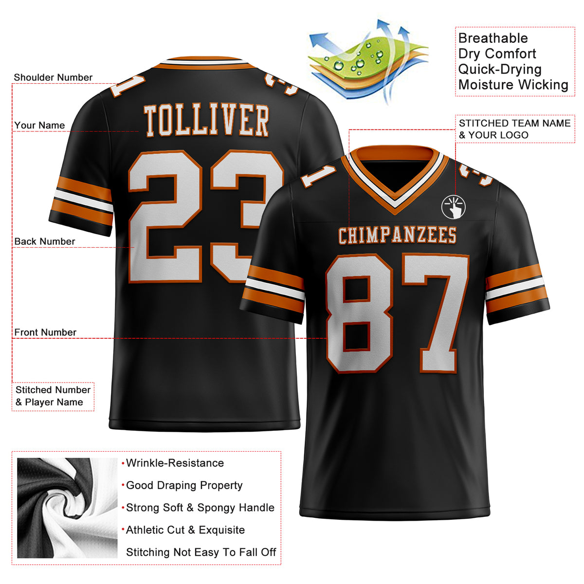 Custom Orange Black-White Mesh Authentic Throwback Football Jersey Discount  – snapmade