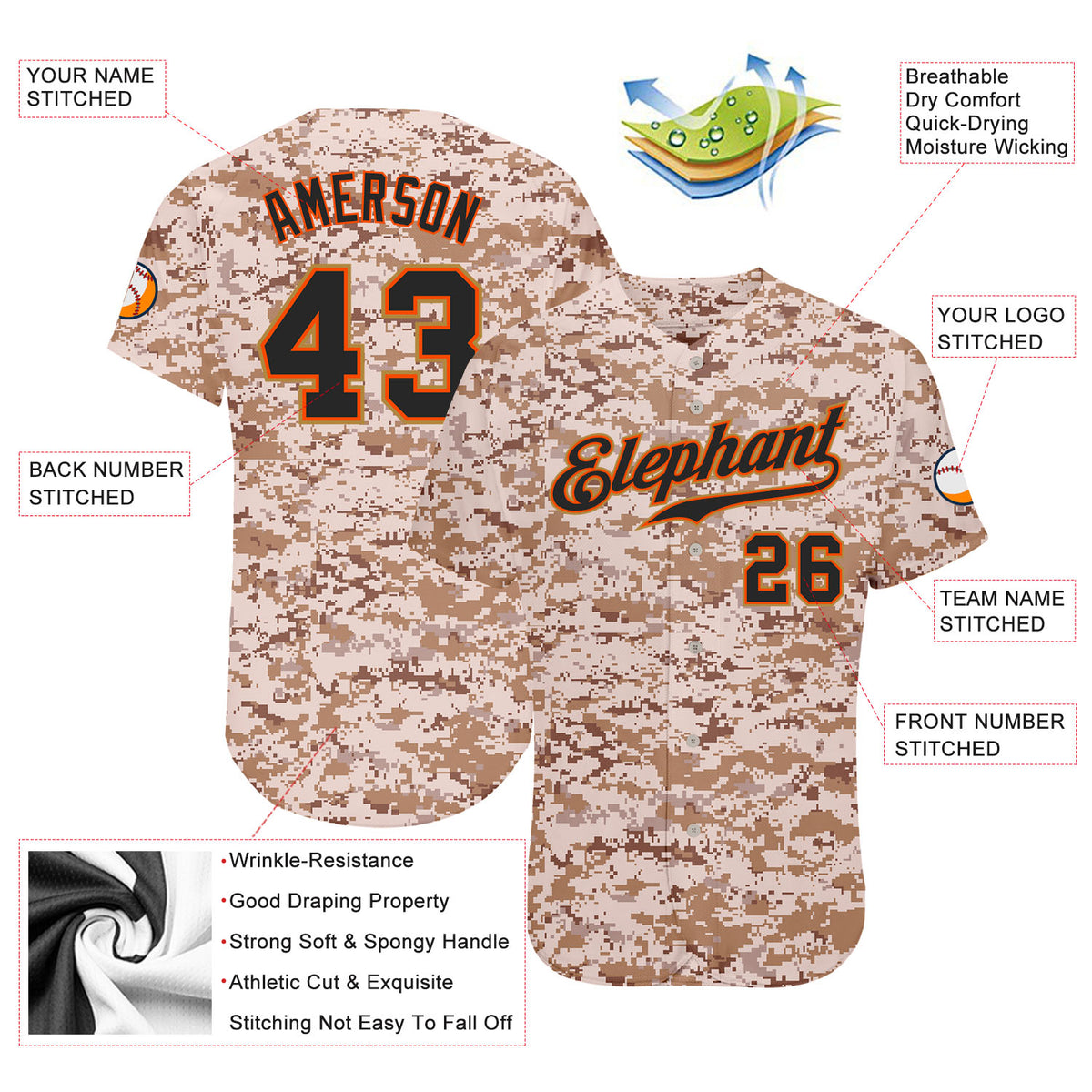 Custom Camo Orange-Black Authentic Baseball Jersey Free Shipping