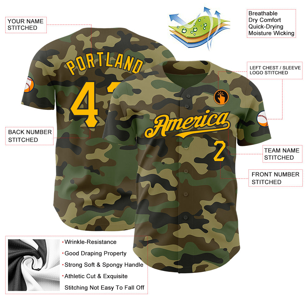 Custom Camo Gold Black Authentic Salute To Service Baseball Jersey