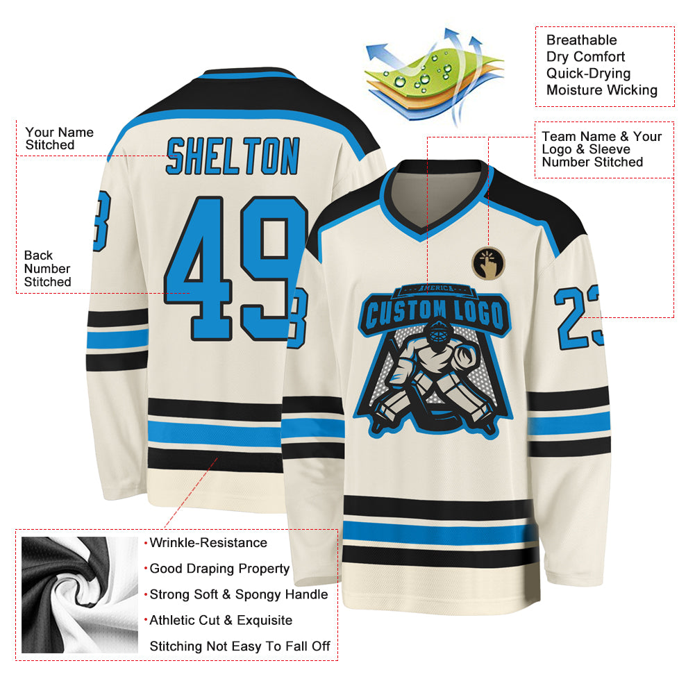 Cheap Custom Cream Blue-Black Hockey Jersey Free Shipping