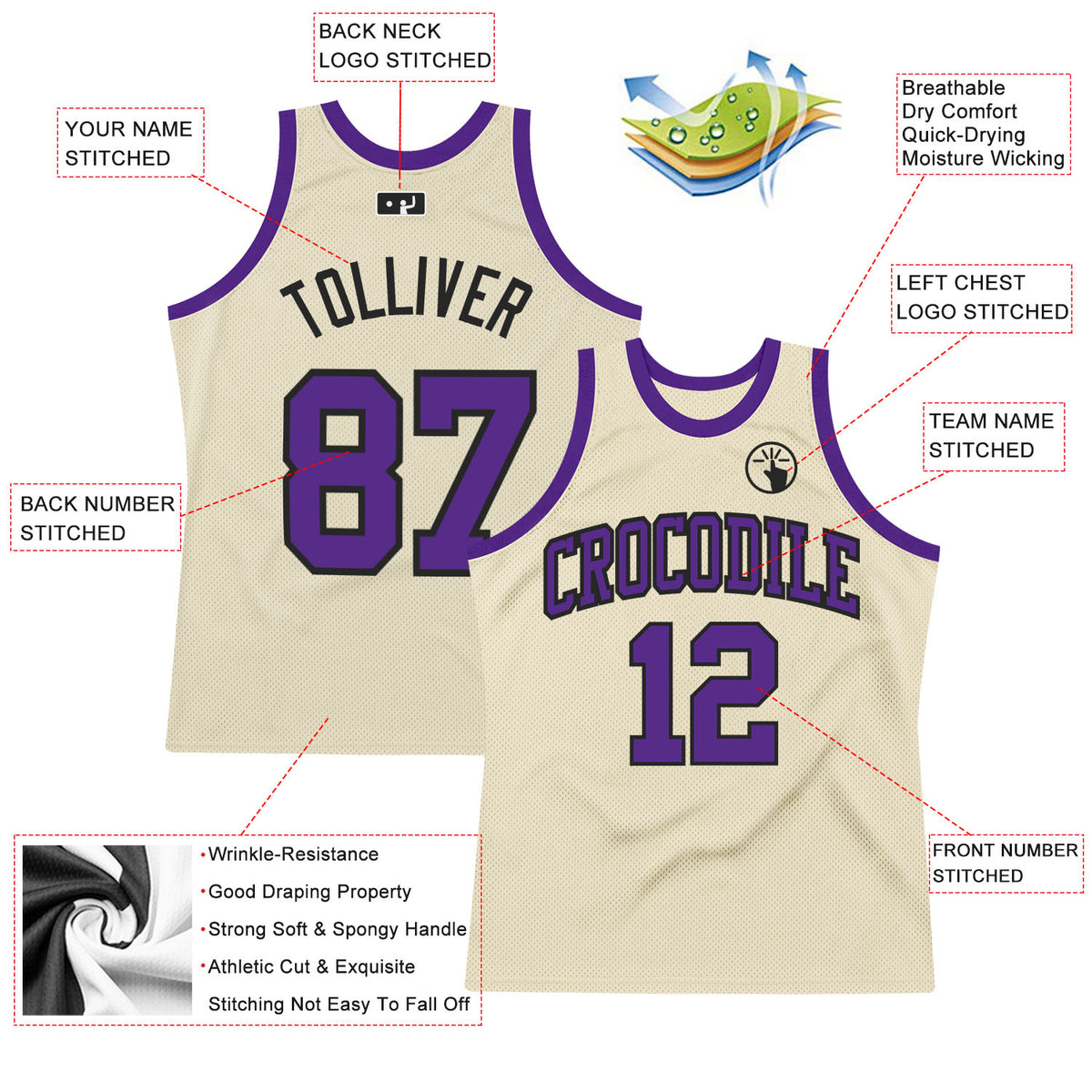 Custom Black Basketball Jersey Purple-Cream Authentic Throwback