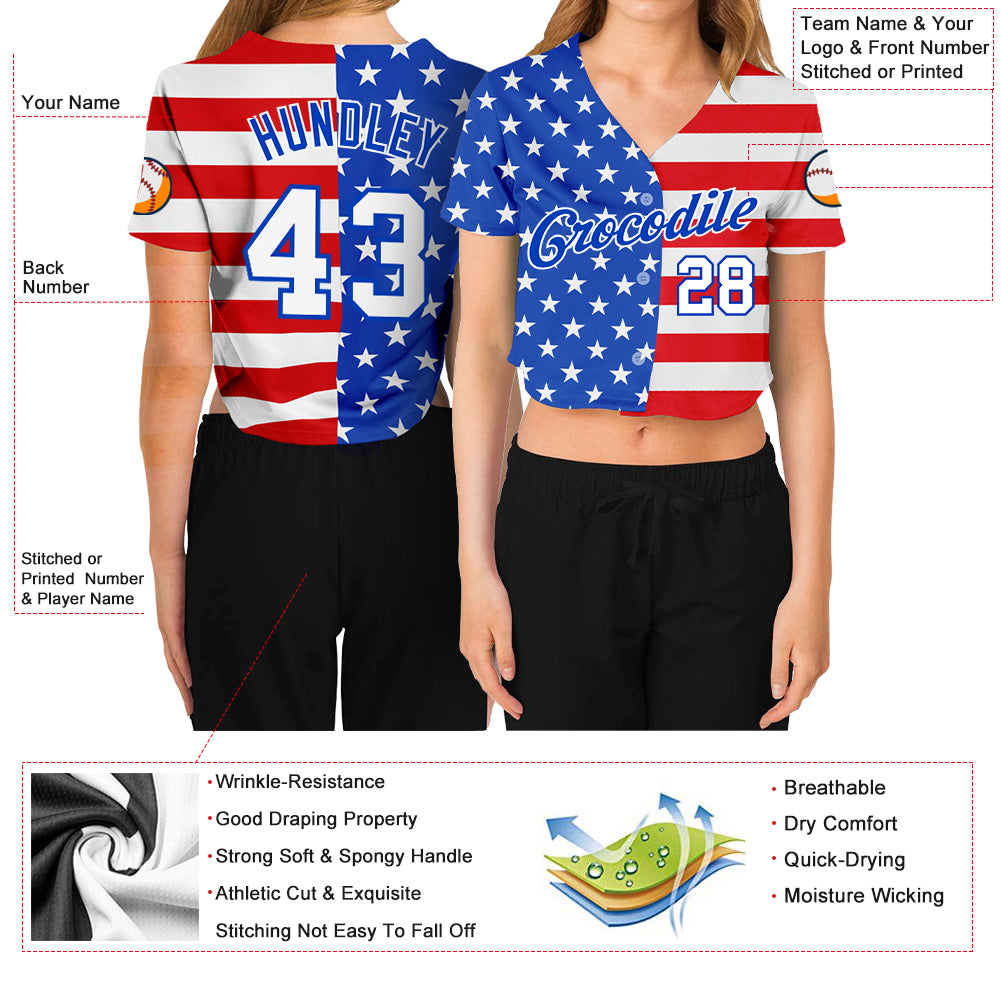 Custom Womens Baseball Jersey Royal White-Red American Flag Fashion 3D  V-Neck Cropped Baseball Jersey - China Baseball Jersey and Custom Baseball  Jersey price