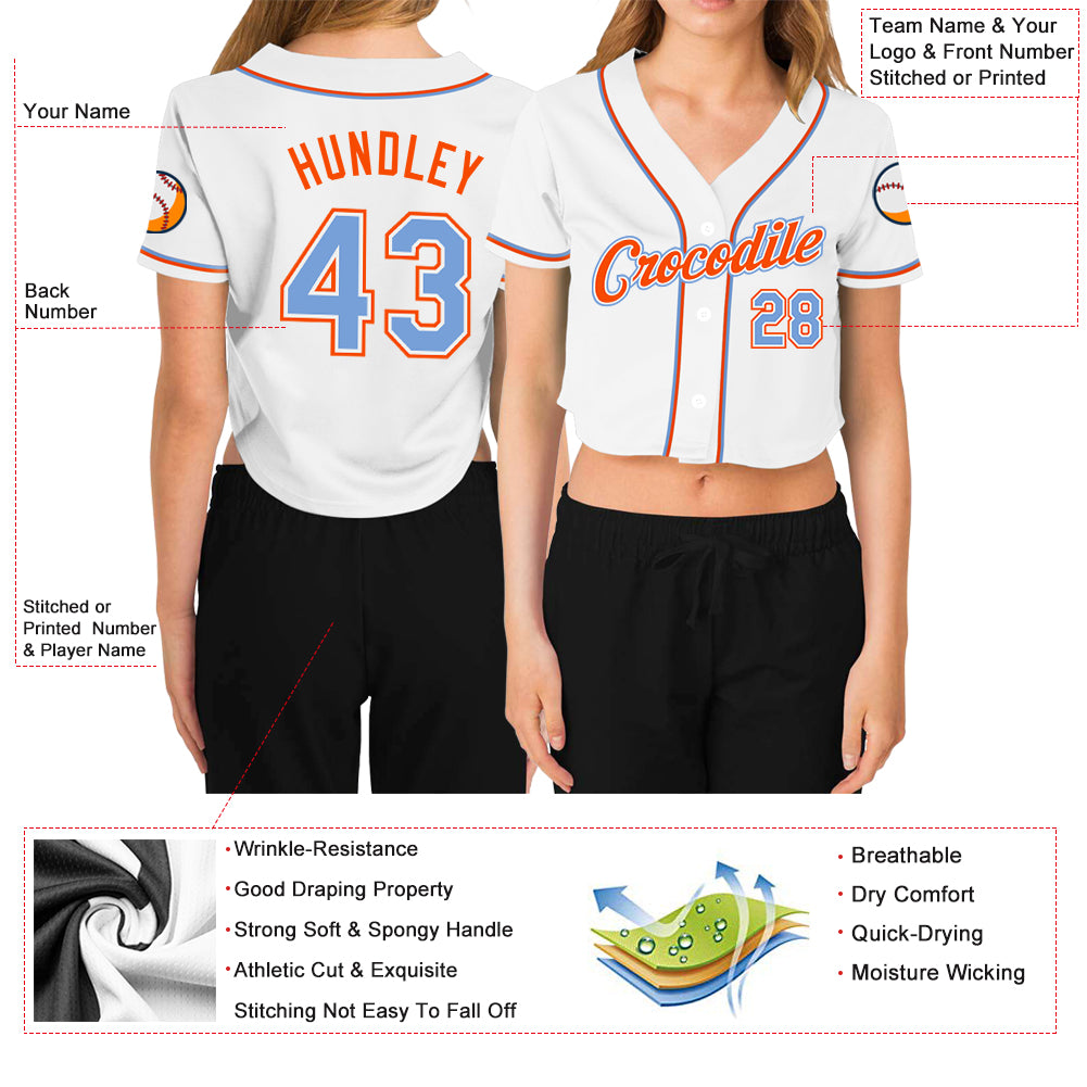 Cheap Custom Women's White Light Blue-Orange V-Neck Cropped Baseball Jersey  Free Shipping – CustomJerseysPro