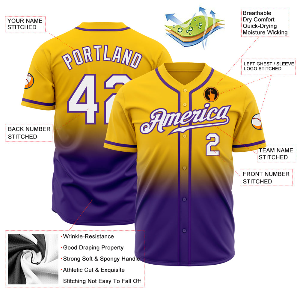 Cheap Custom Gold White-Purple Authentic Fade Fashion Baseball Jersey Free  Shipping – CustomJerseysPro