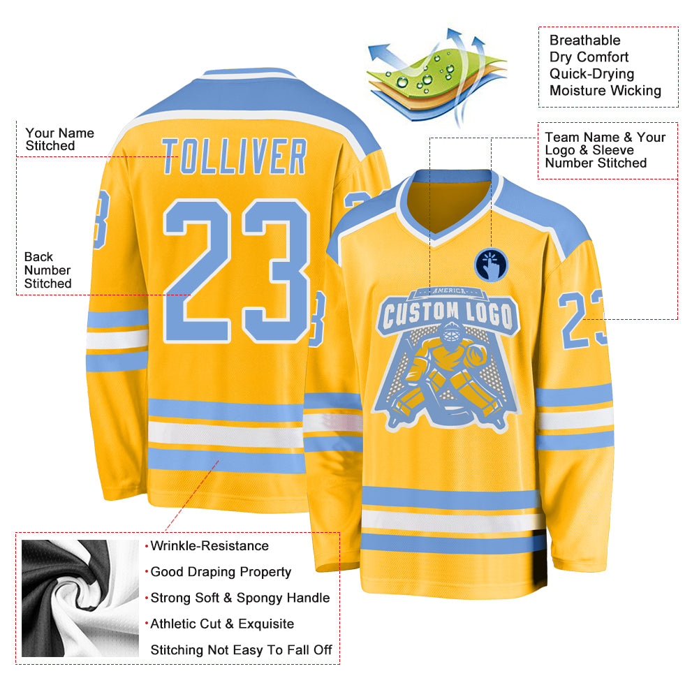 Light Blue/Gold/White Sublimated Custom Ice Hockey Jerseys | YoungSpeeds