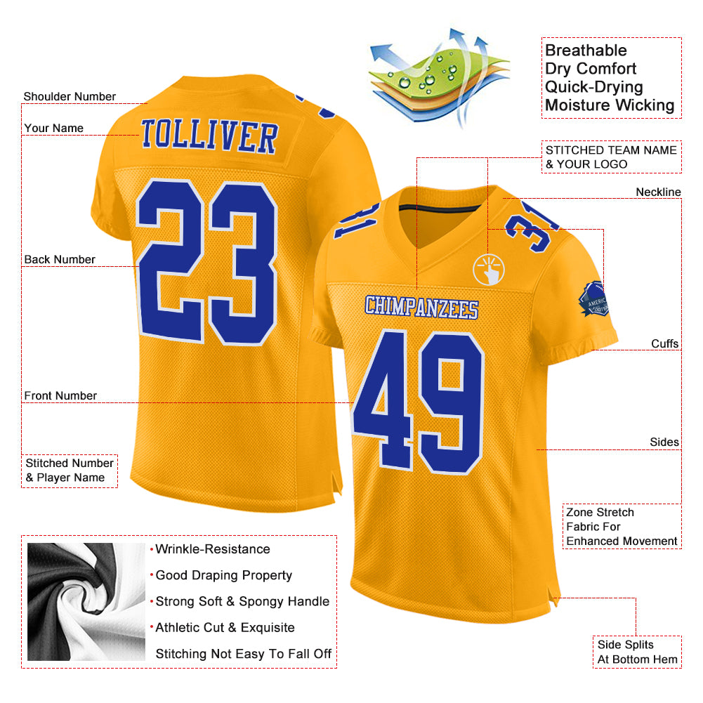 Cheap Custom Royal Gold-White Mesh Split Fashion Football Jersey Free  Shipping – CustomJerseysPro