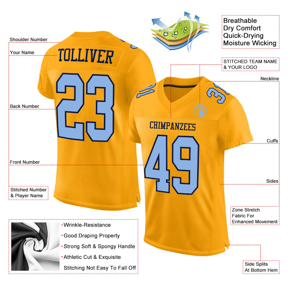 Cheap Custom Gold Light Blue-Navy Mesh Authentic Football Jersey Free  Shipping – CustomJerseysPro