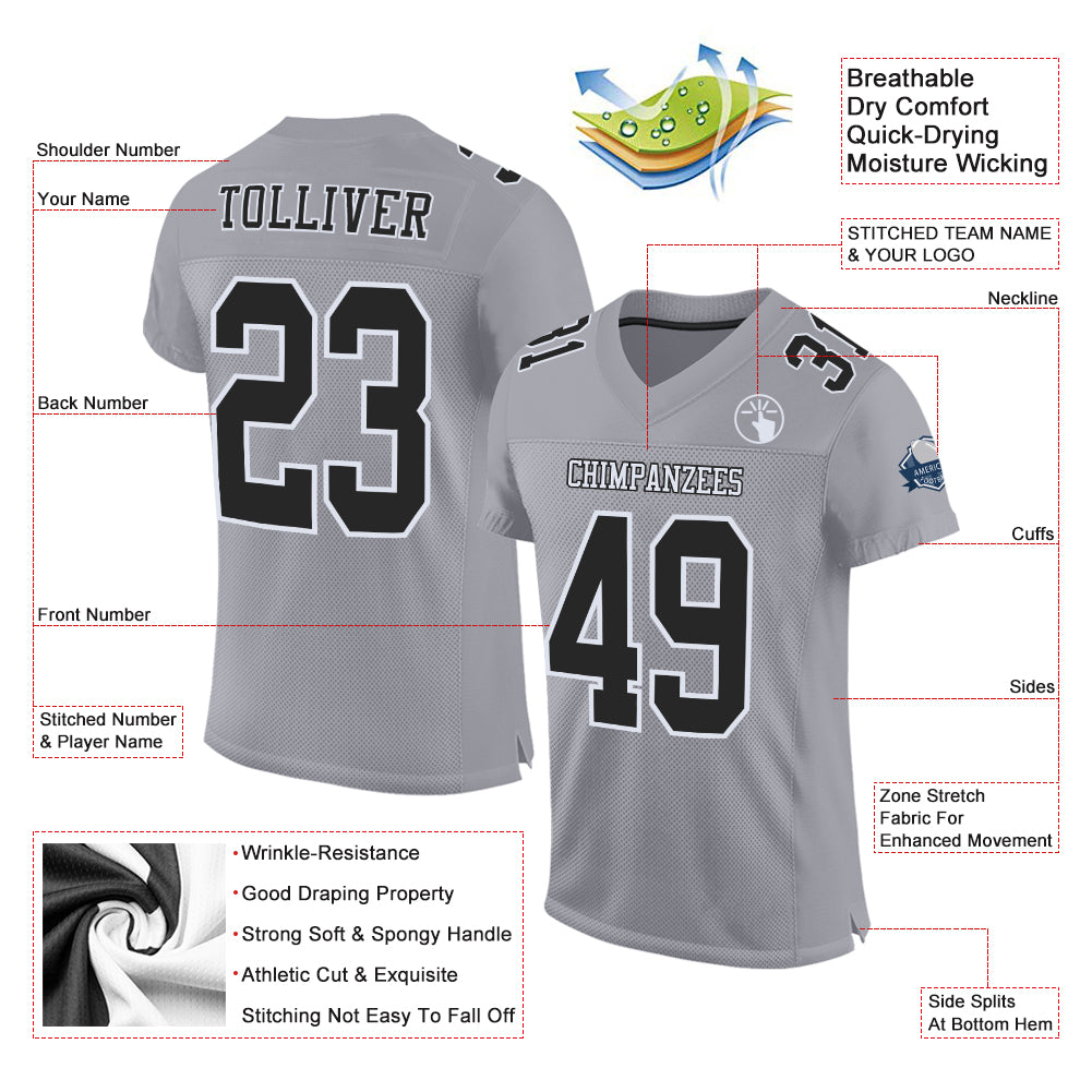 Cheap Custom Gray Black-White Mesh Authentic Football Jersey Free Shipping  – CustomJerseysPro