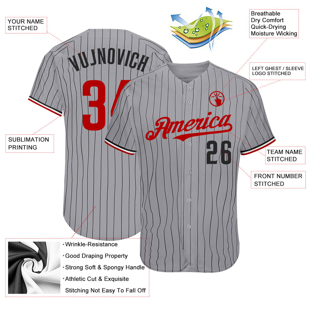 Custom Gray Black Pinstripe Red-Black Authentic Baseball Jersey