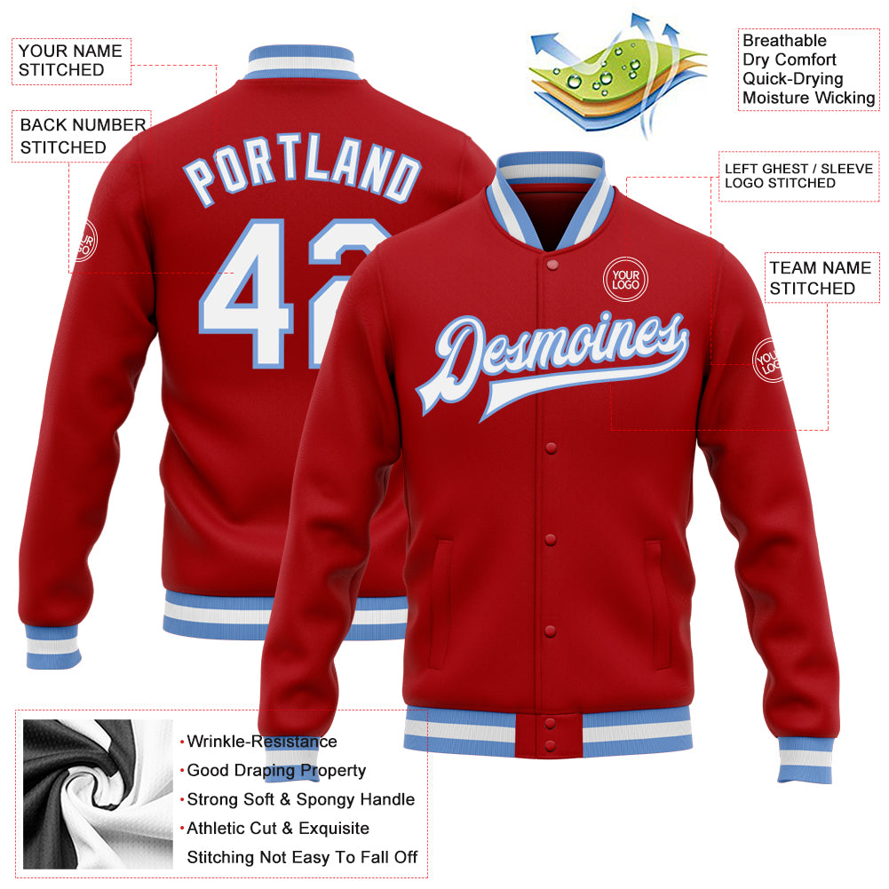 Cheap Custom Light Blue Red-White Bomber Full-Snap Varsity Letterman Jacket  Free Shipping – CustomJerseysPro