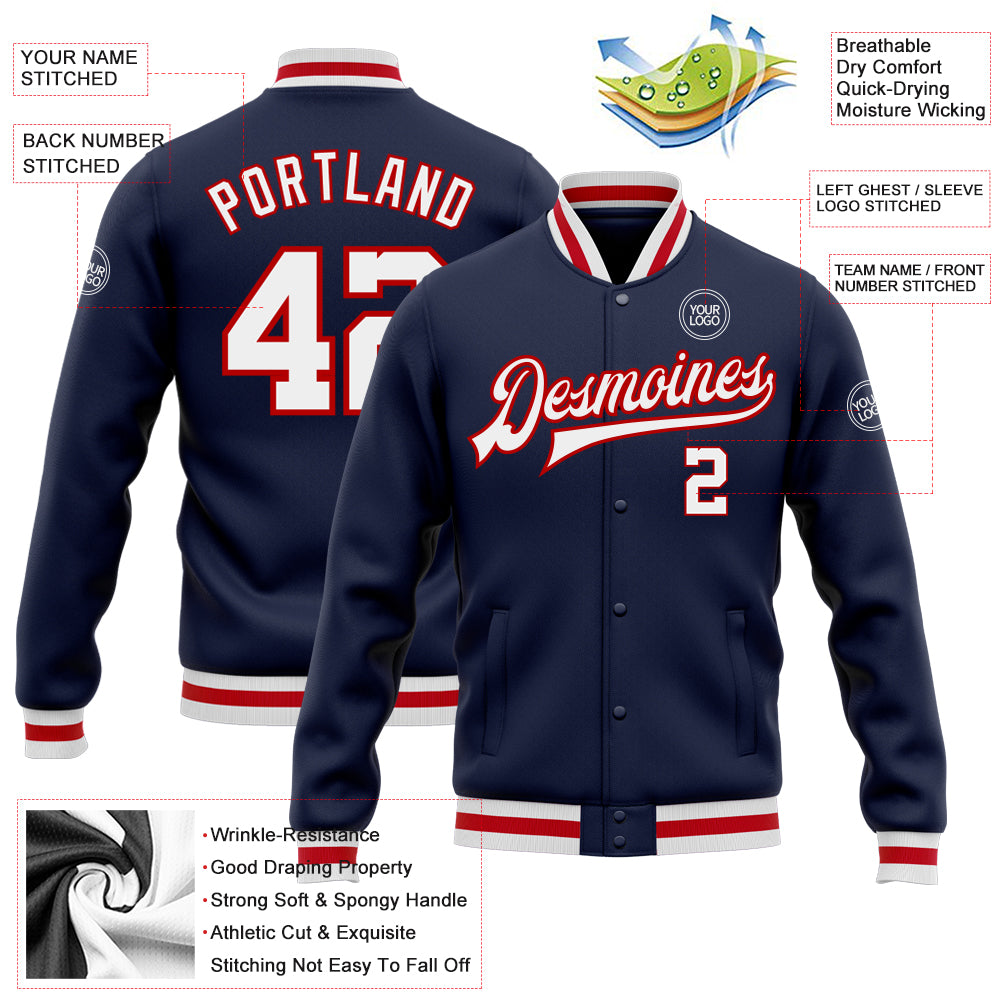 Custom Navy Navy White-Red Bomber Full-Snap Varsity Letterman