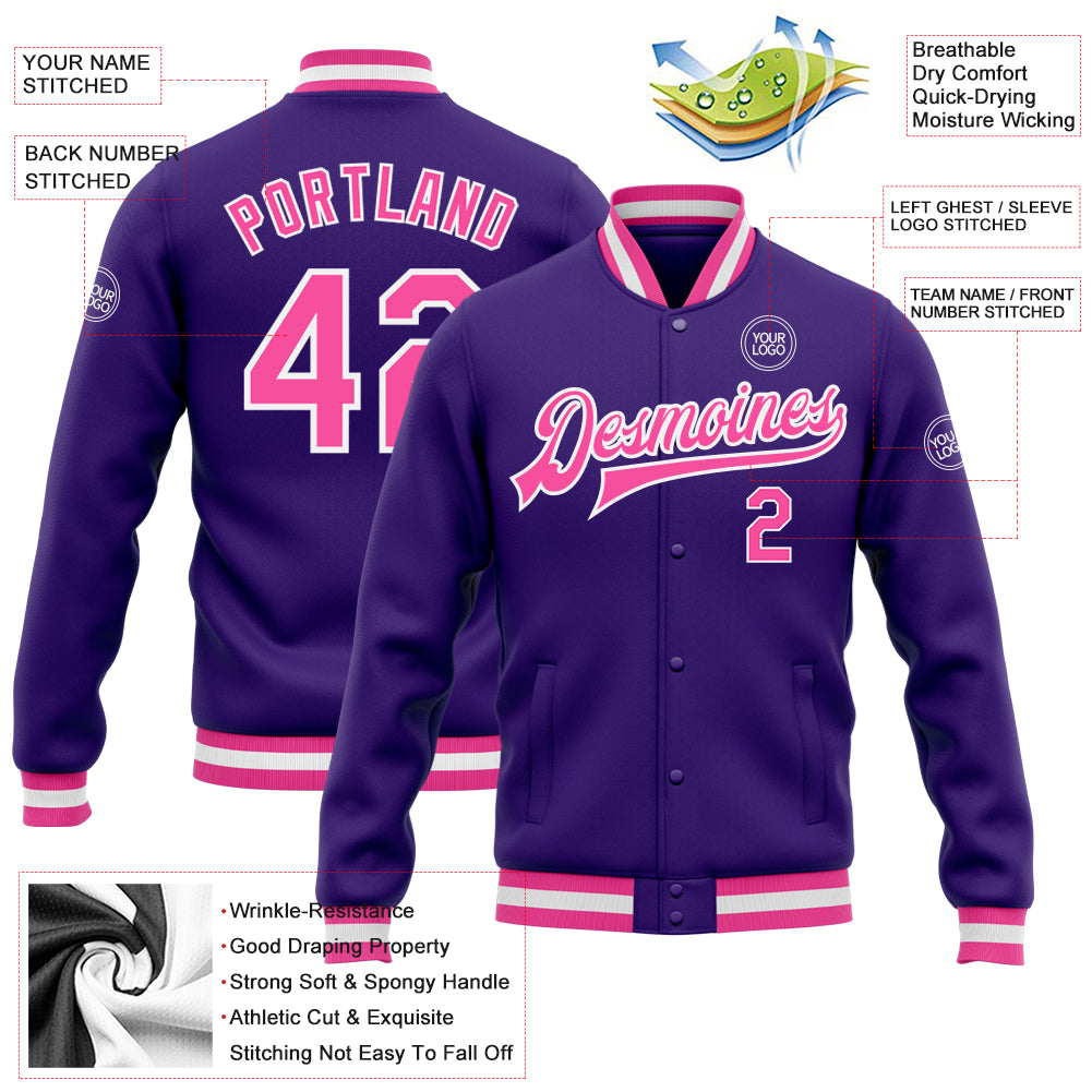 Cheap Custom Purple Pink-White Bomber Full-Snap Varsity Letterman