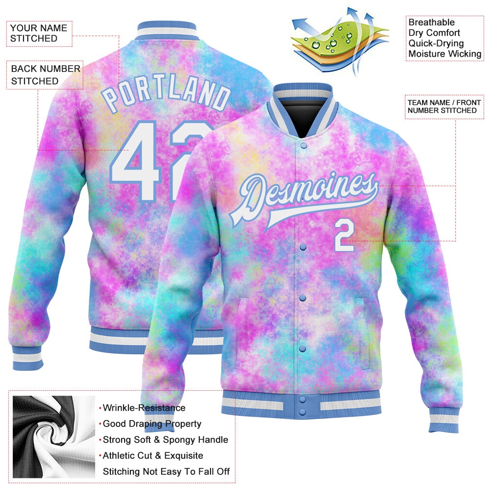 Cheap Custom Light Blue Pink-White Bomber Full-Snap Varsity