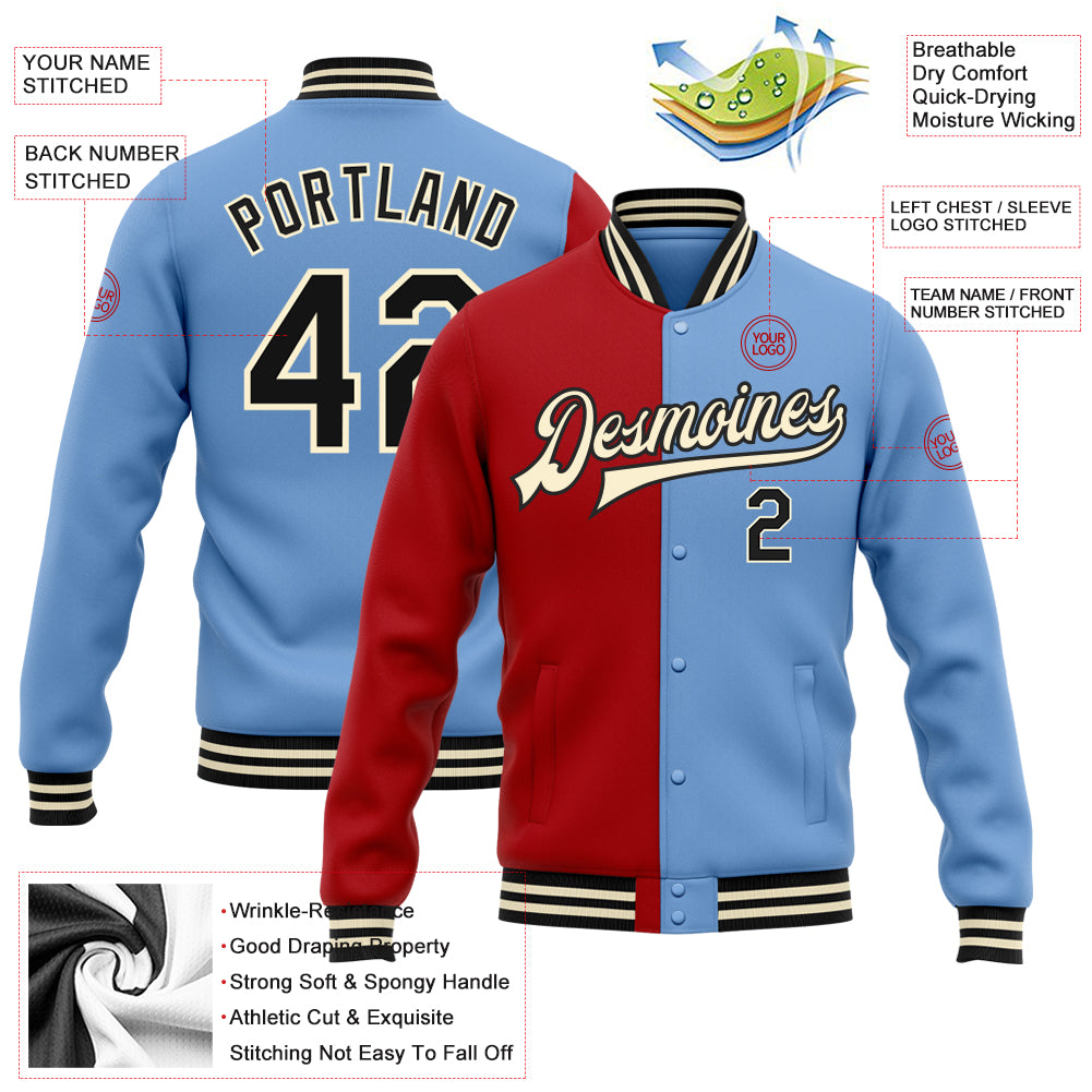 Cheap Custom Light Blue Red-White Bomber Full-Snap Varsity