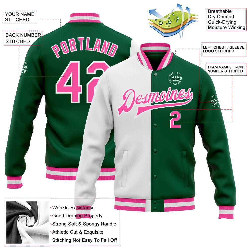 Custom Varsity Letterman Jacket Pink Teal-White Bomber Full-Snap Youth Size:L