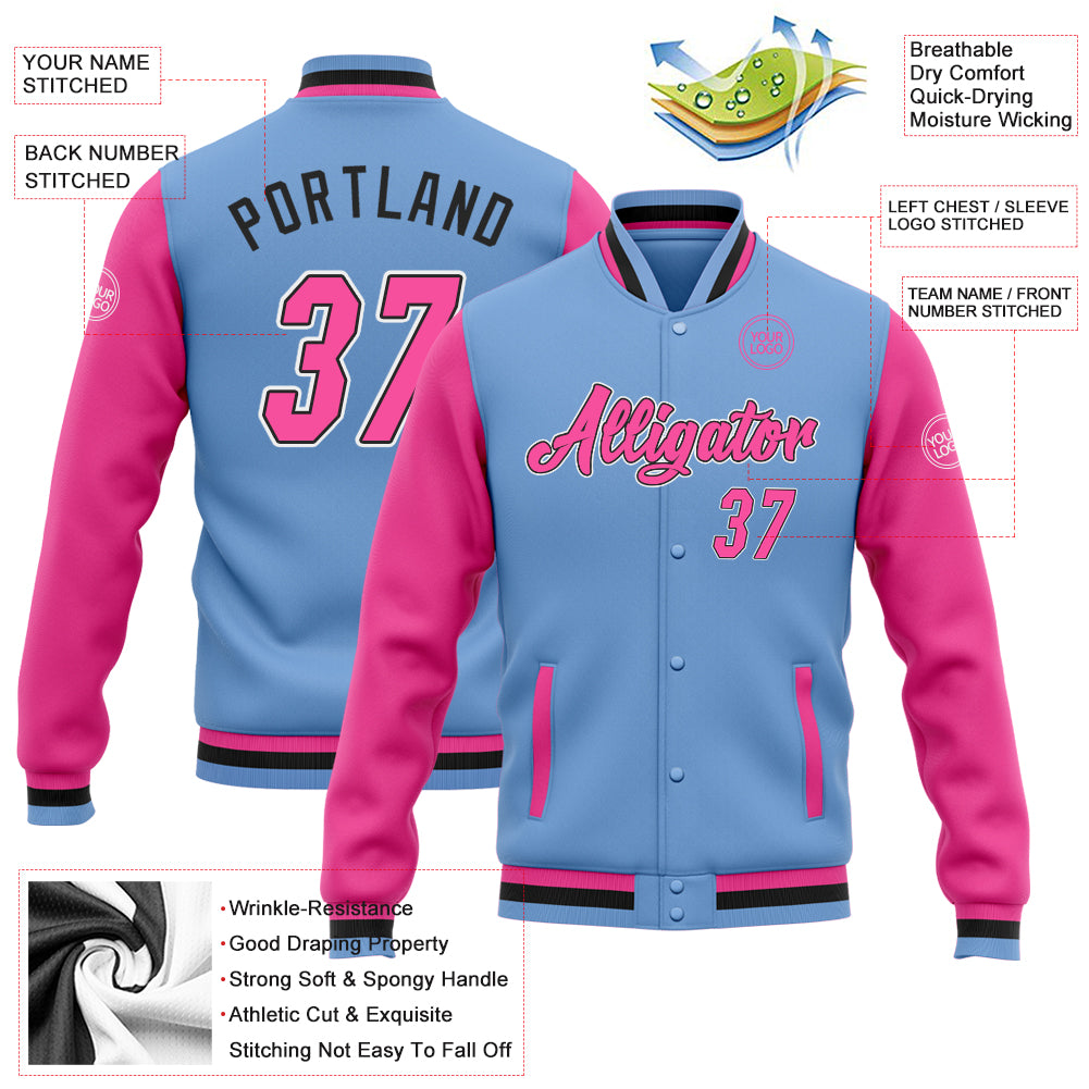 Custom Varsity Letterman Jacket White Black Pinstripe Sky Blue-Pink Bomber Full-Snap Men's Size:2XL