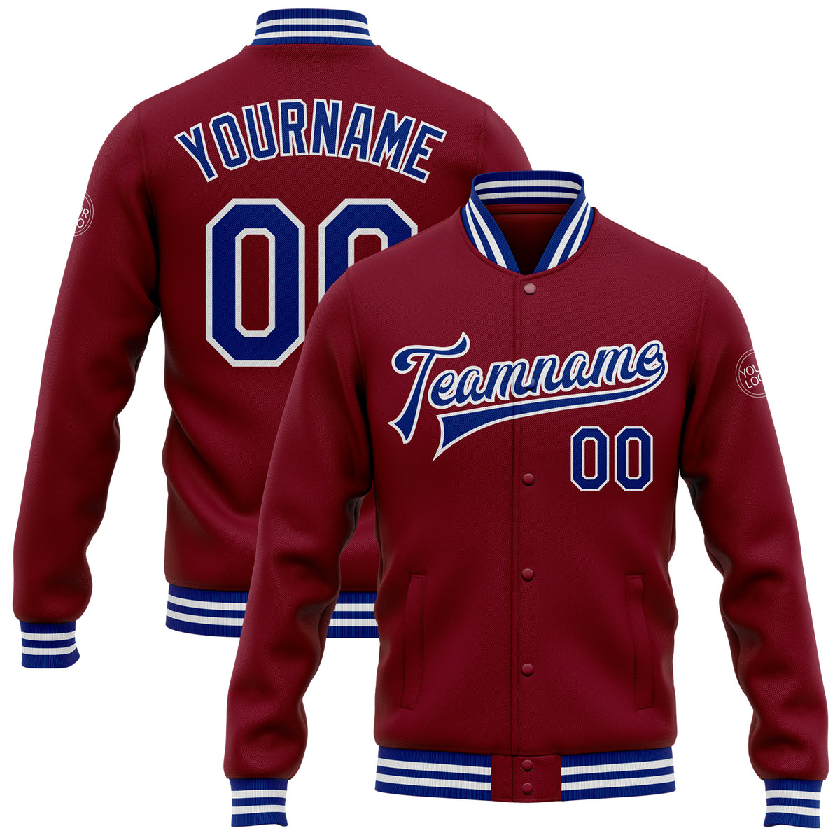 Cheap Custom Royal Crimson-White Bomber Full-Snap Varsity