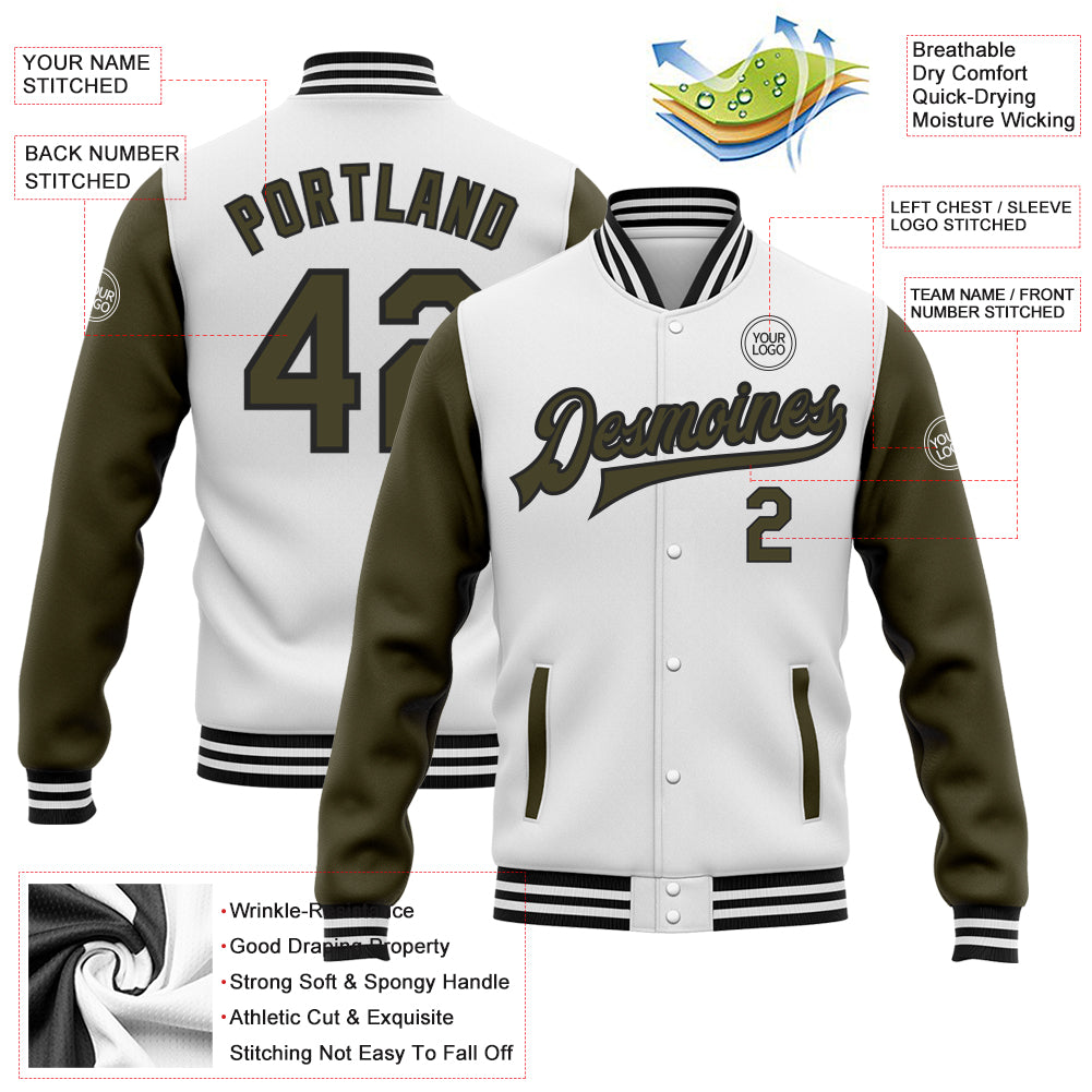 Custom Olive Gold-Black Bomber Full-Snap Varsity Letterman Salute to Service Jacket Men's Size:2XL