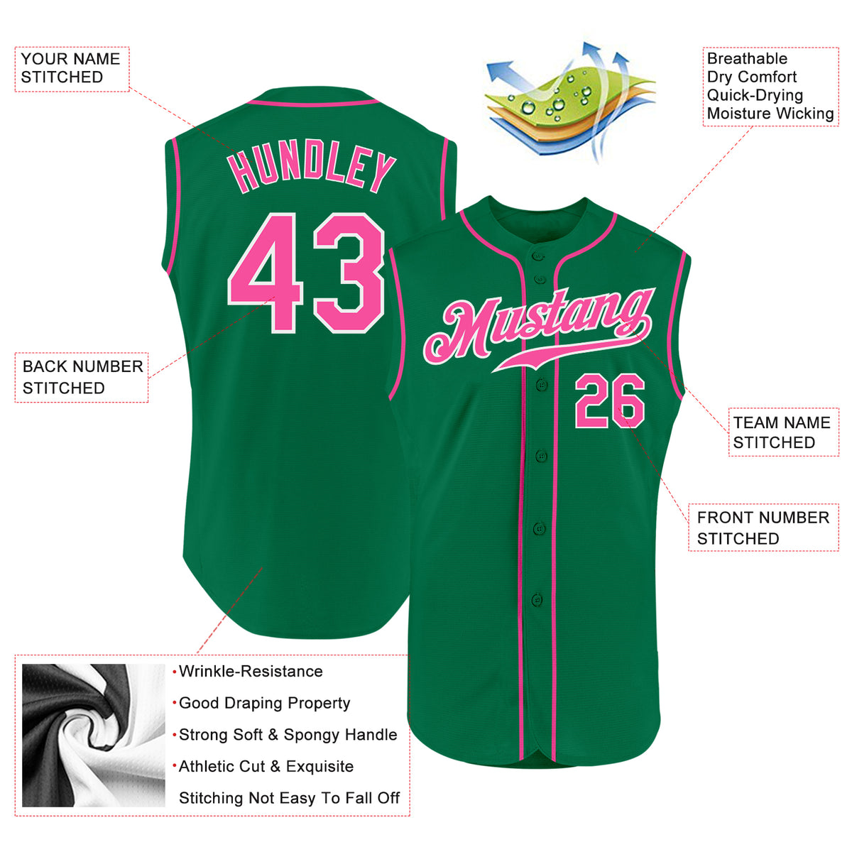 Cheap Custom Kelly Green Pink-White Authentic Sleeveless Baseball