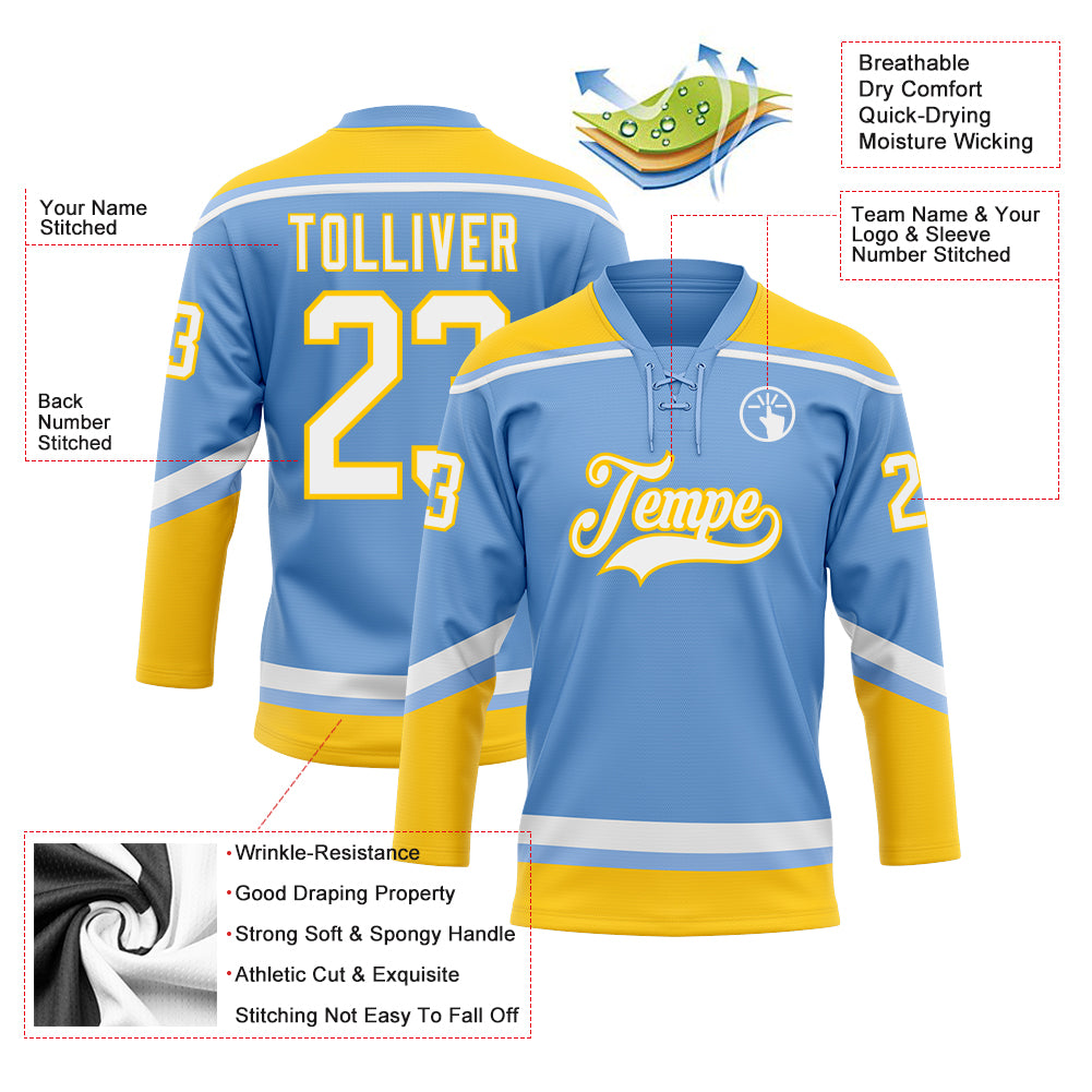 Cheap Custom Light Blue White-Yellow Hockey Lace Neck Jersey Free Shipping  – CustomJerseysPro