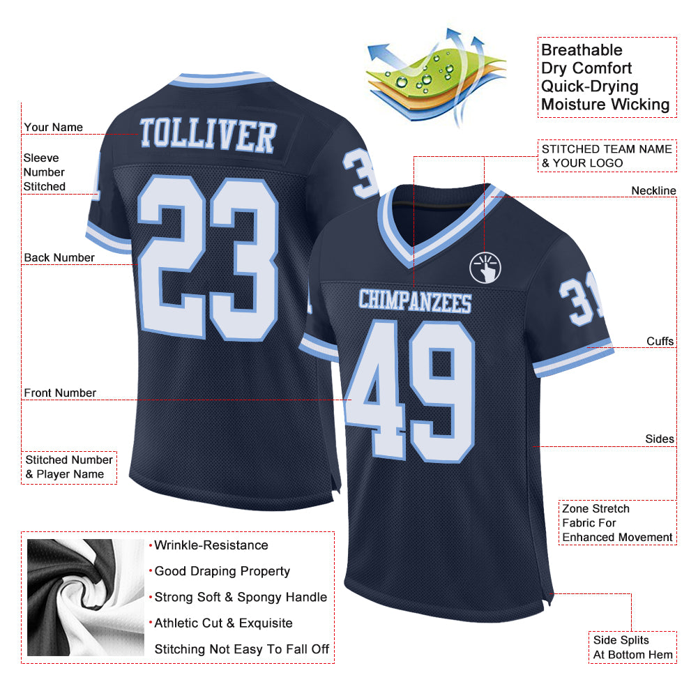 Cheap Custom Navy White-Light Blue Mesh Authentic Throwback Football Jersey  Free Shipping – CustomJerseysPro