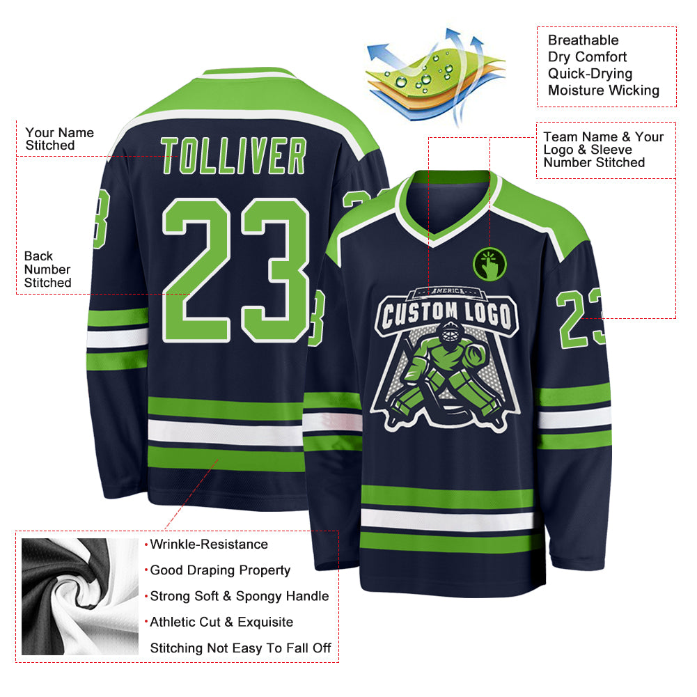 Custom White Navy-Neon Green Hockey Jersey Discount