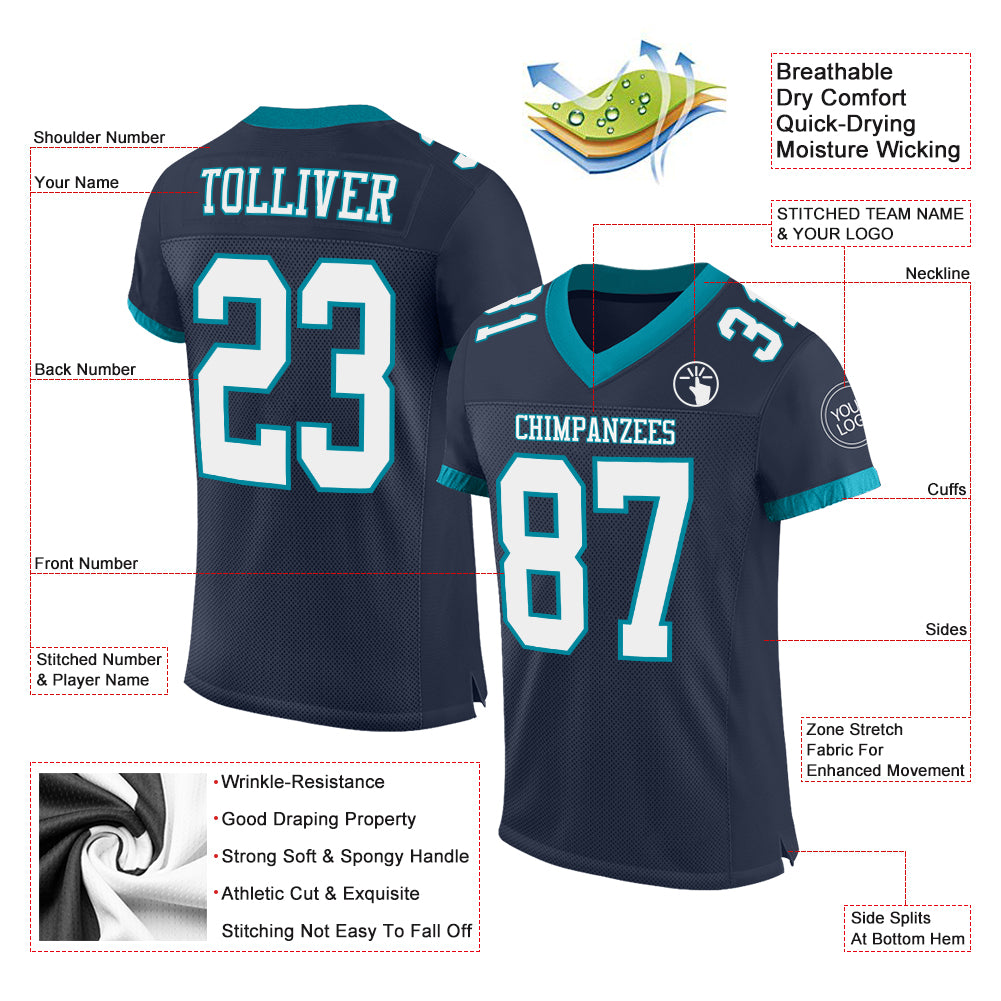 Cheap Custom Navy White-Teal Mesh Authentic Football Jersey Free