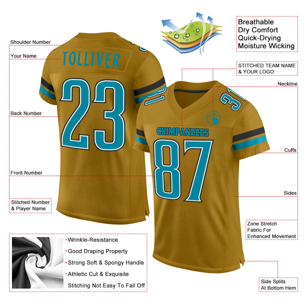 Custom Football Jersey Old Gold Teal-Black Mesh Authentic Men's Size:2XL