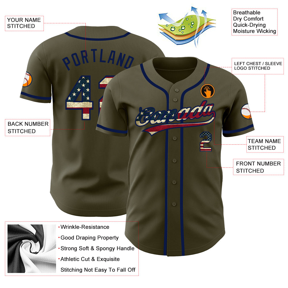 Custom Olive Vintage USA Flag-Navy Authentic Salute To Service Baseball Jersey  Discount