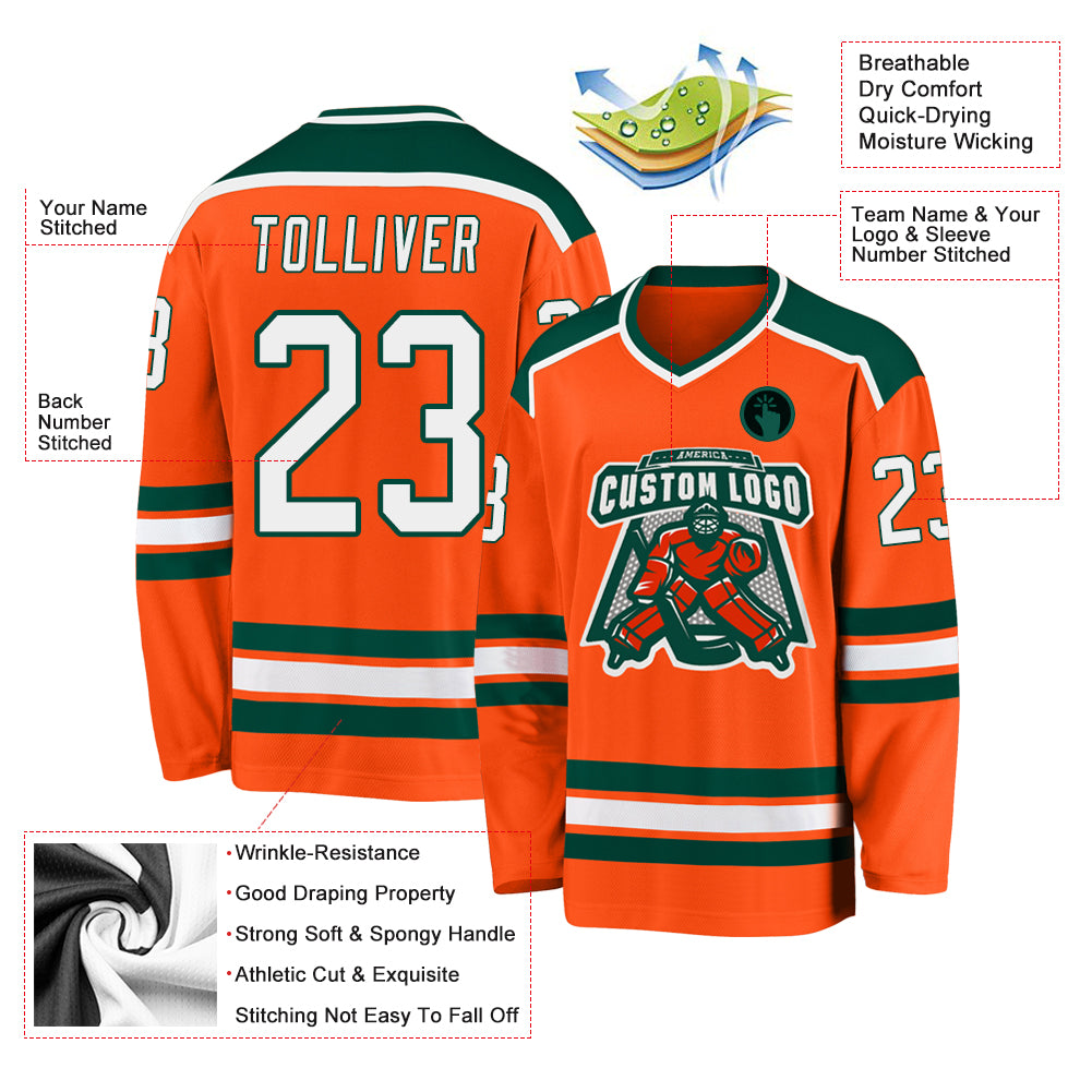 Custom Orange White-Green Hockey Jersey Men's Size:S