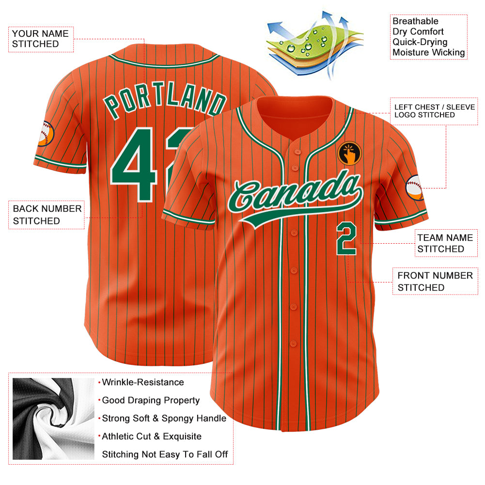 Custom Baseball Jersey Orange Kelly Green Pinstripe Kelly Green-White Authentic Youth Size:M