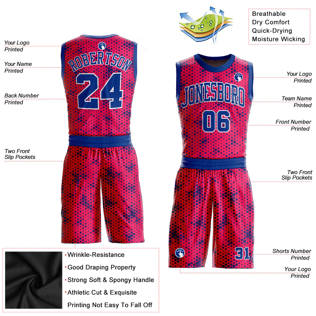 Custom Pink Royal-White Round Neck Sublimation Basketball Suit Jersey