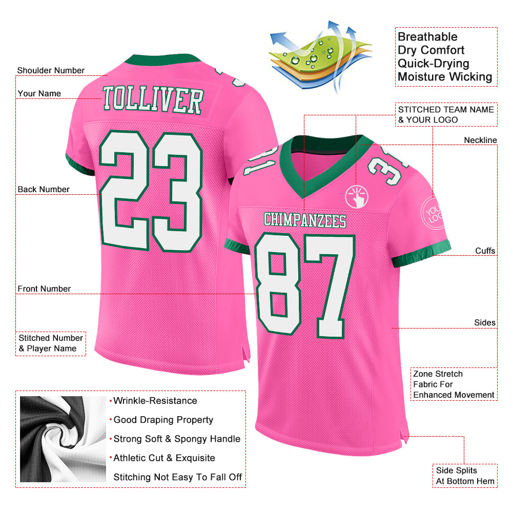 Custom Football Jersey White Pink-Kelly Green Mesh Authentic Men's Size:XL