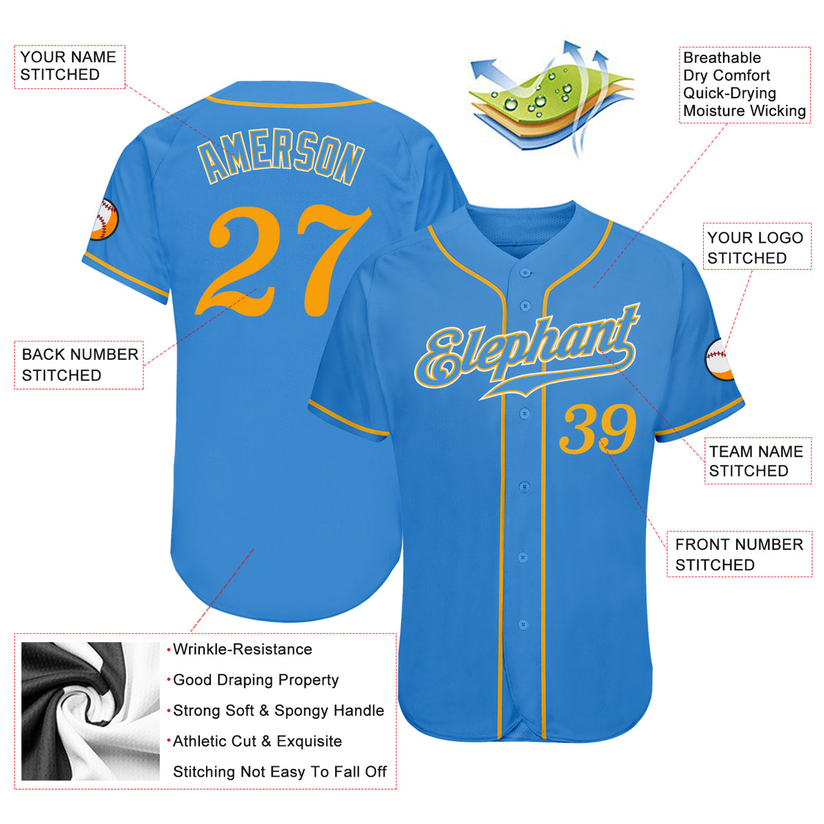 Custom Powder Blue Gold-White Authentic Split Fashion Baseball