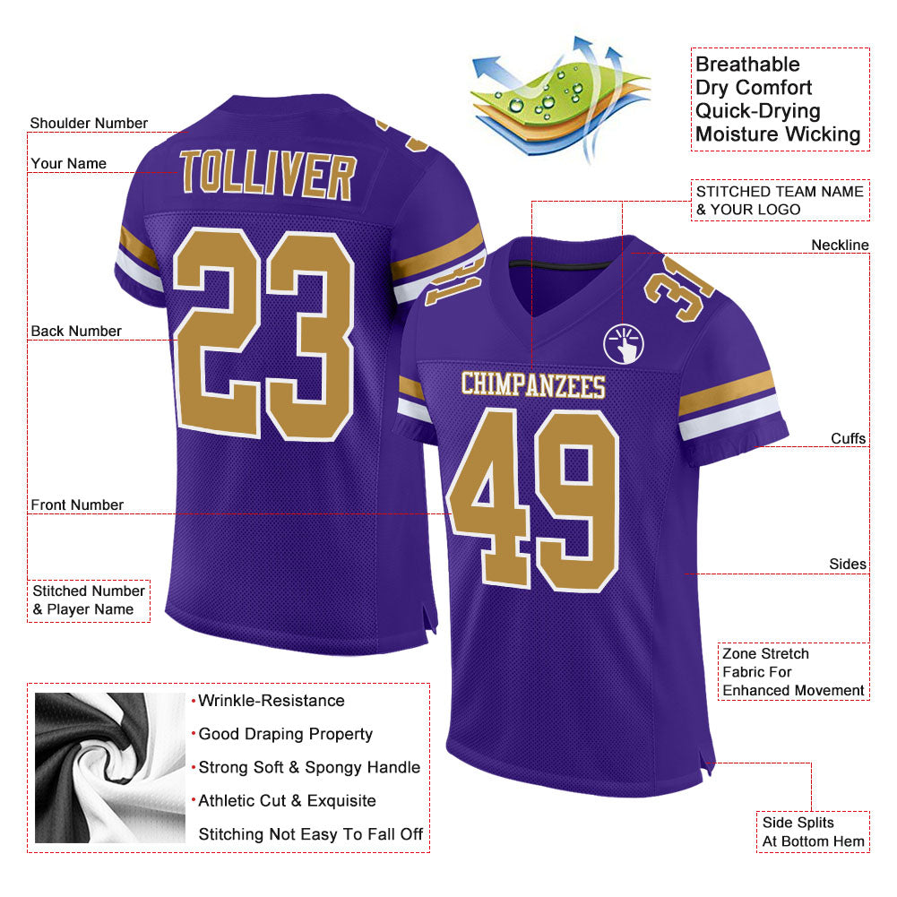 Cheap Custom White Purple-Old Gold Mesh Authentic Football Jersey