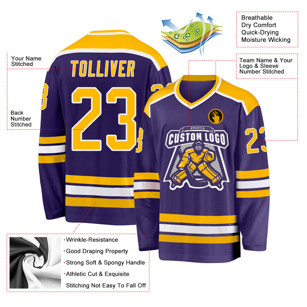 Custom Hockey Jersey White Purple-Gold