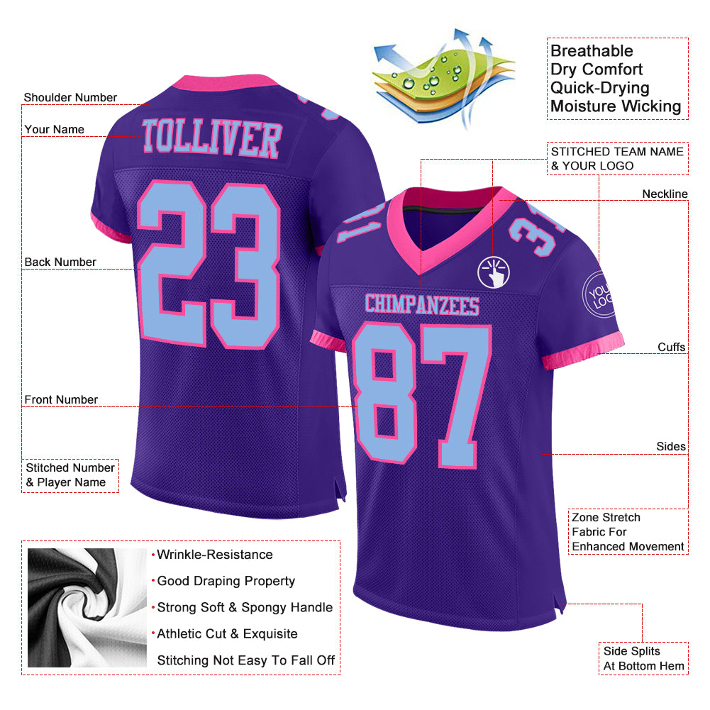 Custom Purple Light Blue-Pink Authentic Football Jersey Youth Size:M