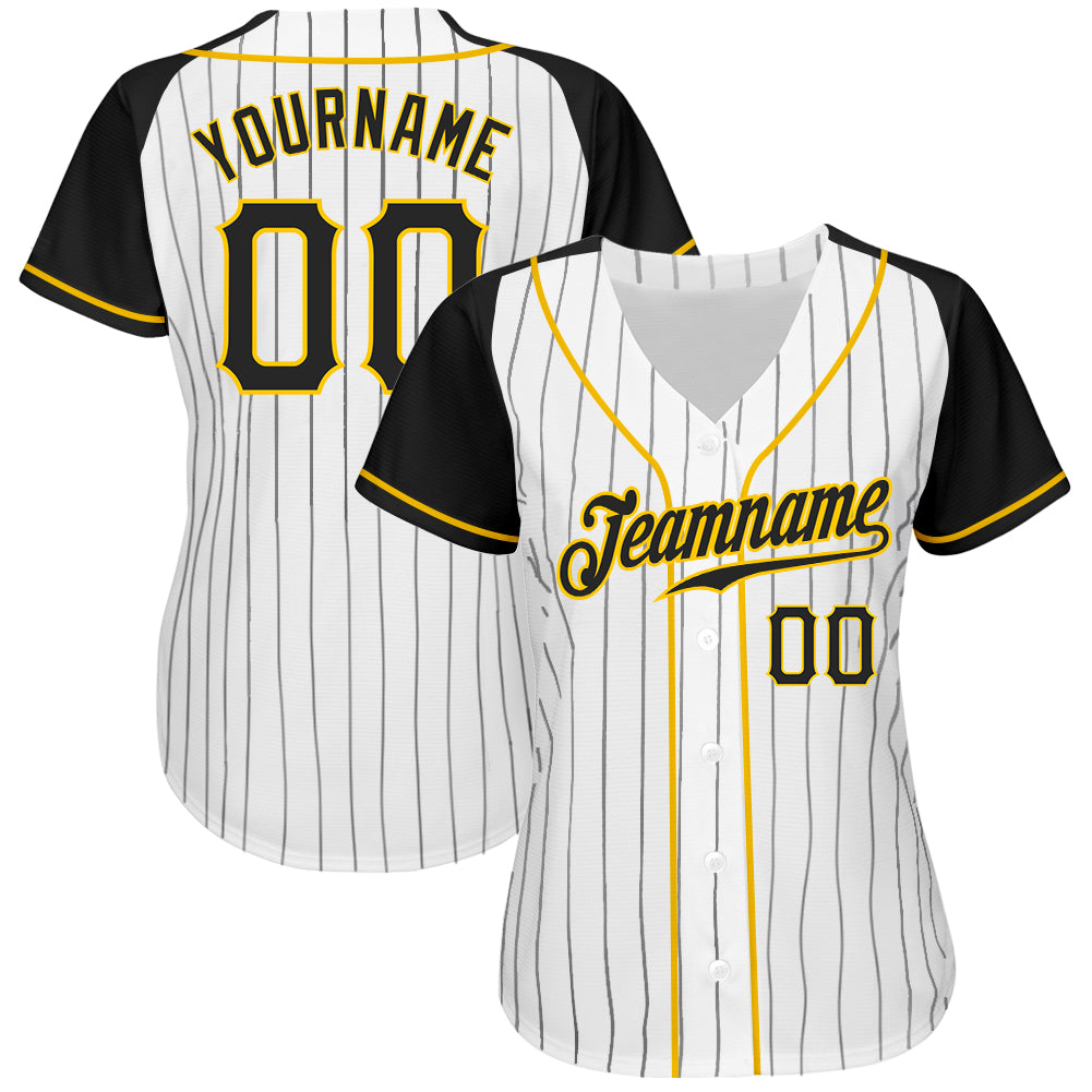 Custom Baseball Jersey Black Gold Pinstripe Gold-White Authentic Men's Size:L