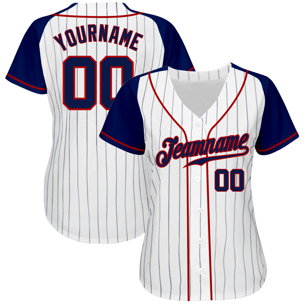 Custom Navy Pinstripe Style Raglan Navy Red Baseball Jerseys For