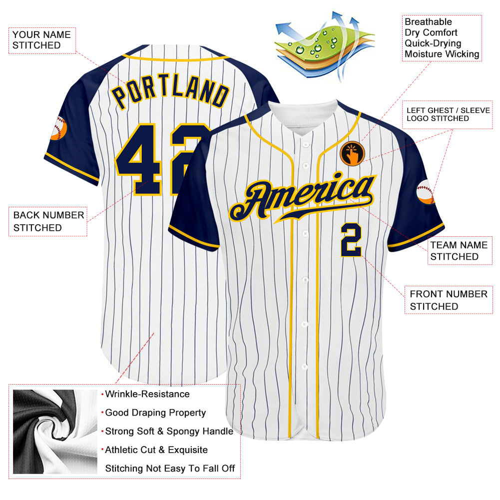 Custom Navy Blue Yellow Pinstripe White Yellow Baseball Jerseys for Men & Women JN1072, 2XL / No Piping